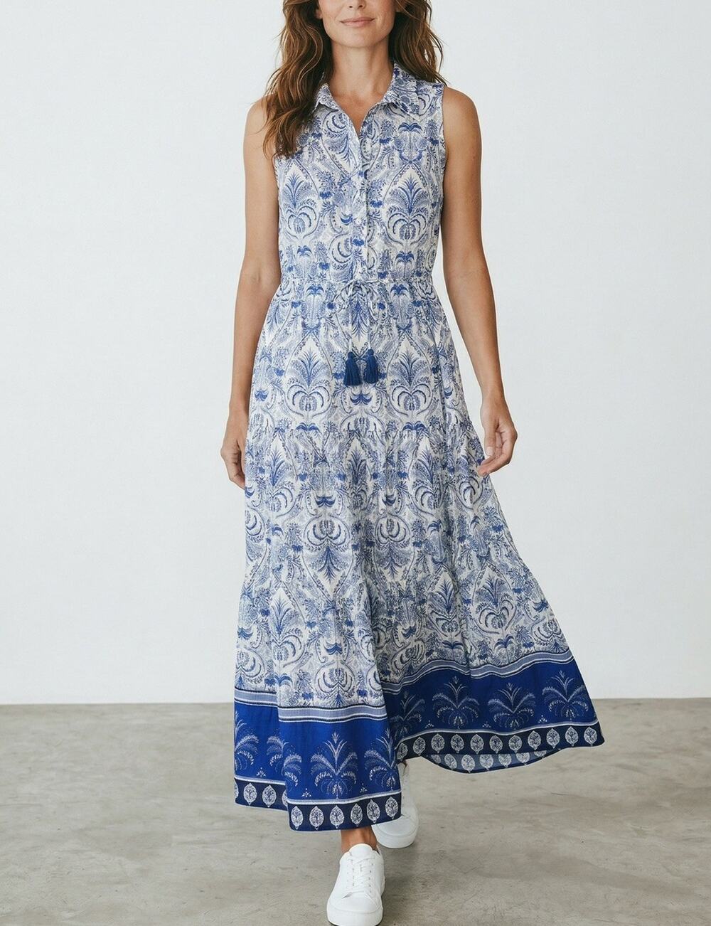 Calypso St Barth Women's Embroidery V-Neck Maxi Dress White Blue Size L